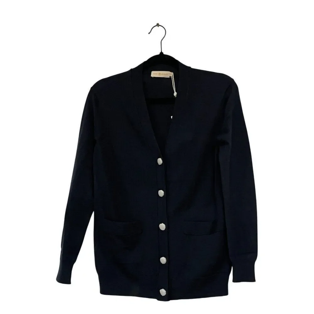 Tory Burch Womens Cardigan Sweater XS Navy Long Sleeve V Neck Wool NWT